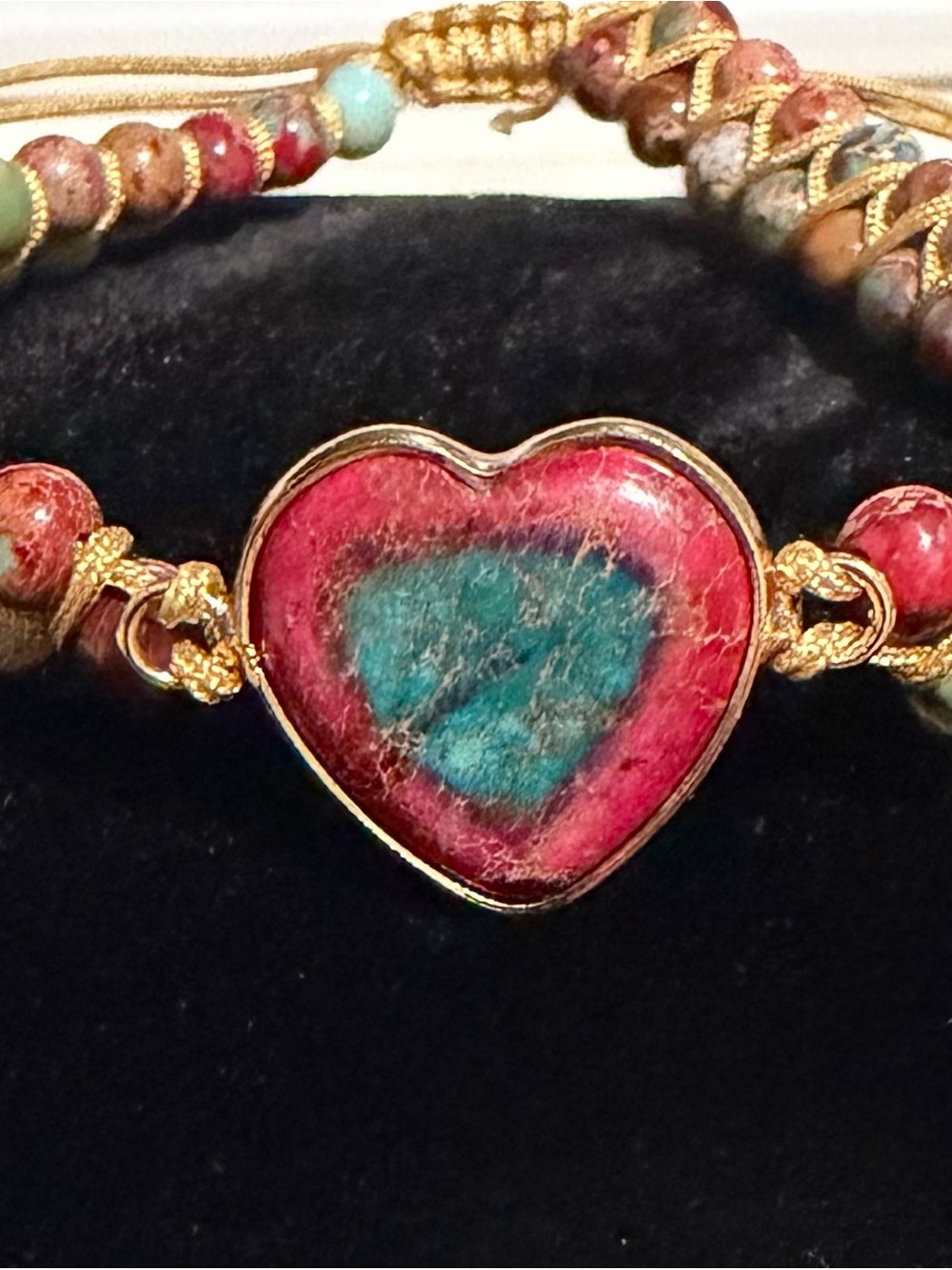 Gold-Tone Heart Bracelet with Pink and Turquoise Stone Accent